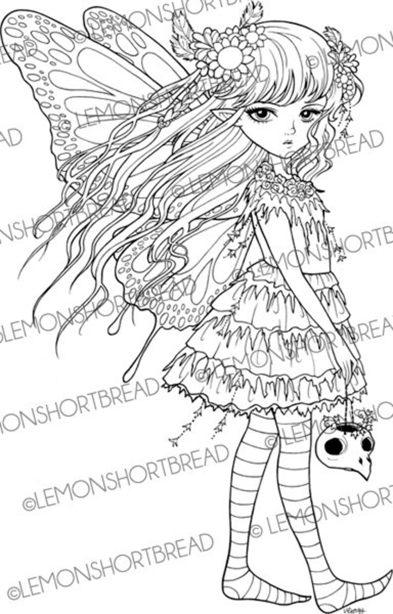 Digital Stamps Bird Skull Goth Fairy Set, Digi Adult Coloring Pages, Fantasy Anime Art, Halloween Dark, Printable Download image 3