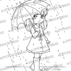 Sello digital Rainy Days Girl con paraguas, Digi página para colorear, primavera verano raincoat niños, Clip Art, descargar