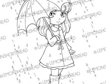 Digital Stamp Rainy Days Girl with Umbrella, Digi Coloring Page, Spring Summer Raincoat Children, Clip Art, Download