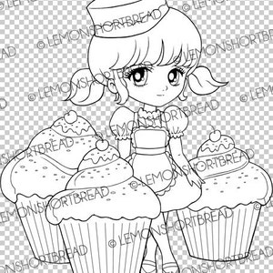 Digital Stamp Cupcakes Delight Girl, Digi Coloring Page, Baking Desserts Pastry, Birthday, Clip Art Download image 2
