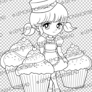K&ouml;nnte beinhalten: Eine Schwarzwei&szlig;-Zeichnung eines M&auml;dchens, das einen Hut und ein Kleid tr&auml;gt und drei Cupcakes h&auml;lt. Die Cupcakes sind mit Streuseln und Kirschen verziert.