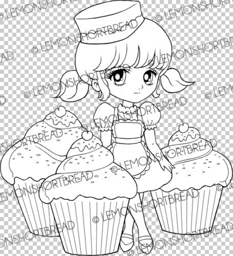 K&ouml;nnte beinhalten: Eine Schwarzwei&szlig;-Zeichnung eines M&auml;dchens, das einen Hut und ein Kleid tr&auml;gt und drei Cupcakes h&auml;lt. Die Cupcakes sind mit Streuseln und Kirschen verziert.