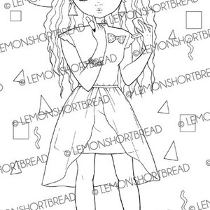 May include: A black and white line drawing of a girl wearing a large hat, a dress, and shoes. She is holding a small object in her hand. The background is filled with geometric shapes.