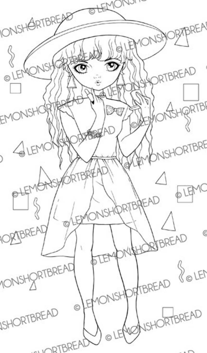 May include: A black and white line drawing of a girl wearing a large hat, a dress, and shoes. She is holding a small object in her hand. The background is filled with geometric shapes.