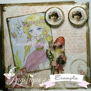 May include: A pink and white fairy with a butterfly on her finger, surrounded by flowers and a feather. The image has a vintage aesthetic and includes the text "Coloured by Angelique" and "Angelique".