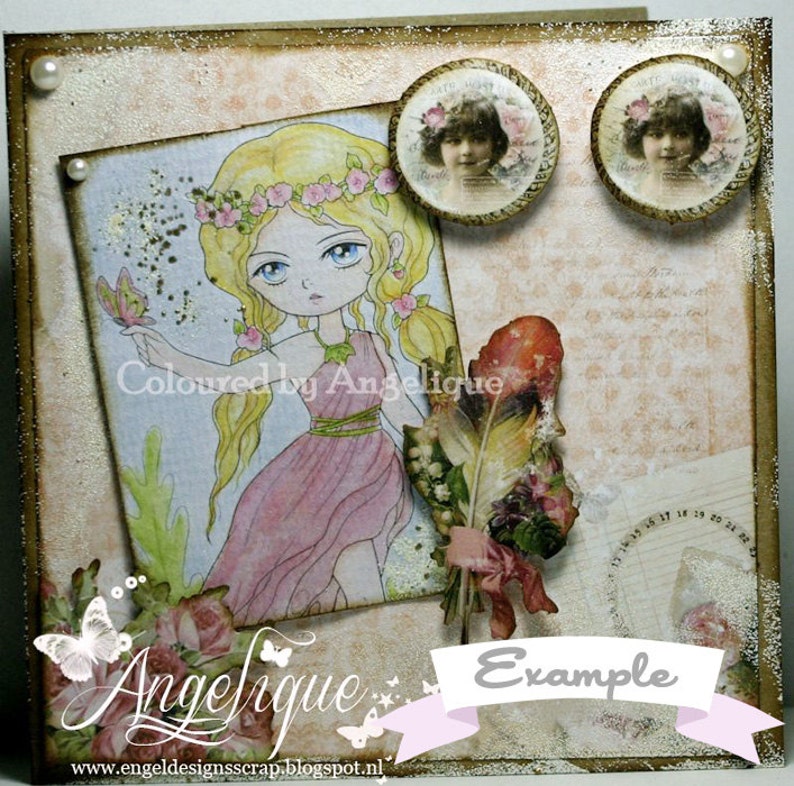 May include: A pink and white fairy with a butterfly on her finger, surrounded by flowers and a feather. The image has a vintage aesthetic and includes the text "Coloured by Angelique" and "Angelique".