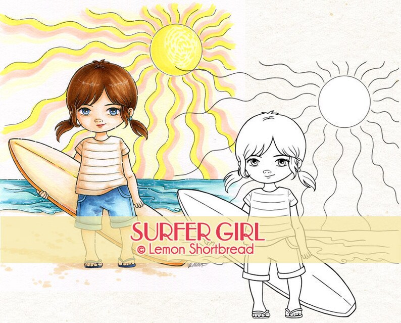 Digital Stamp Surfer Girl, Surfing Beach, Digi Download, Children Sports, Clip Art, Coloring Page, Scrapbooking image 1