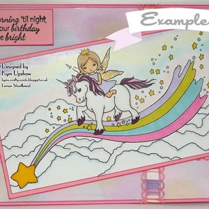 May include: A pink and purple birthday card with a unicorn and a fairy riding on a rainbow. The card has the text "From morning 'til night, may your birthday be bright" and "Example" on it.