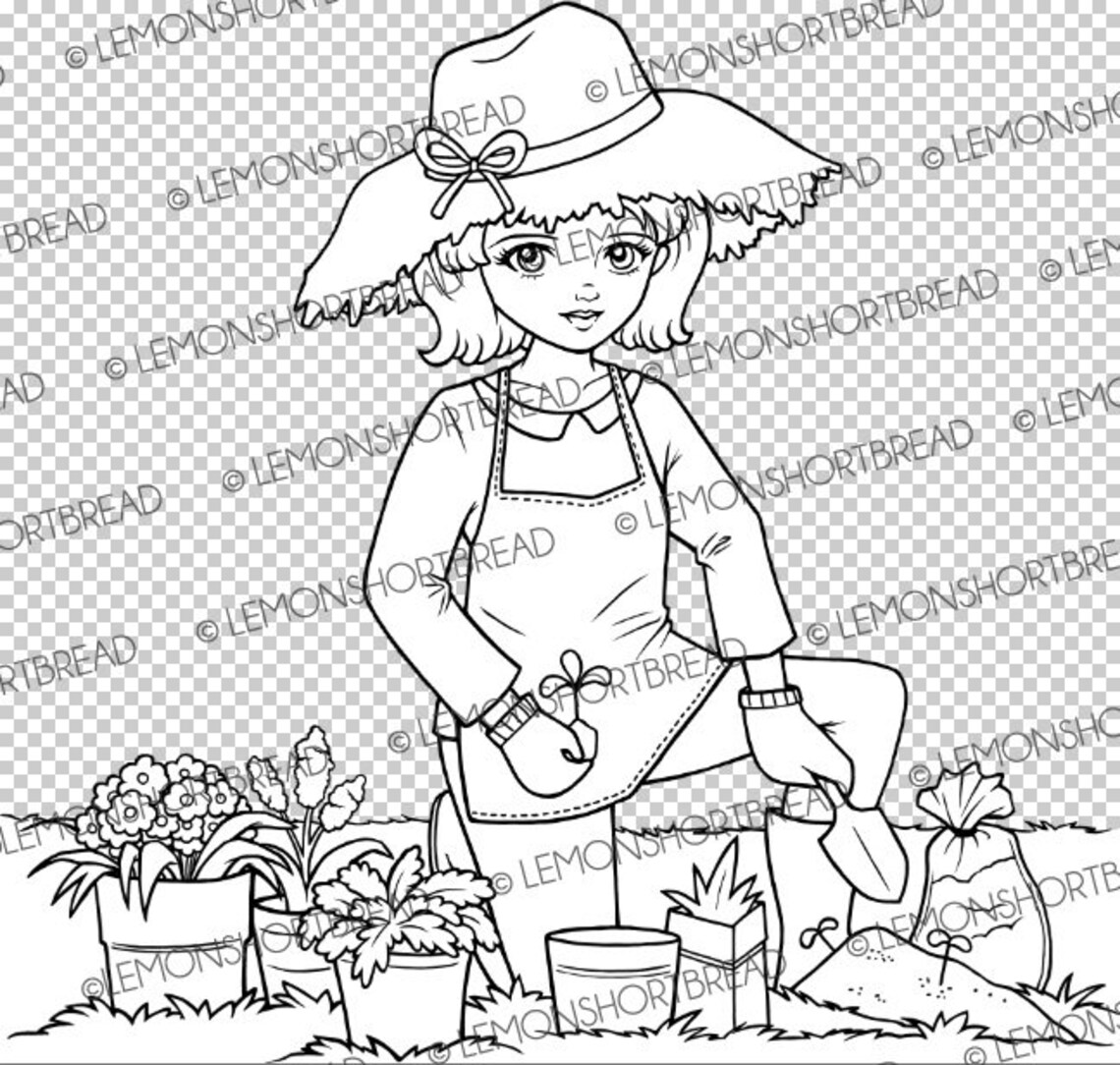 Digital Stamp Gardening Lady Plants Digi Coloring Page - Etsy