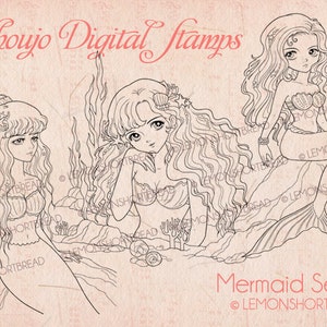 Digital Stamps Mermaids, Digi Printable Coloring Pages, Fantasy Anime Girl, Instant Download
