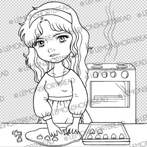 May include: A black and white line drawing of a woman baking heart-shaped cookies. She is wearing a headband and a dress. The oven is behind her and there is a tray of cookies in front of her.