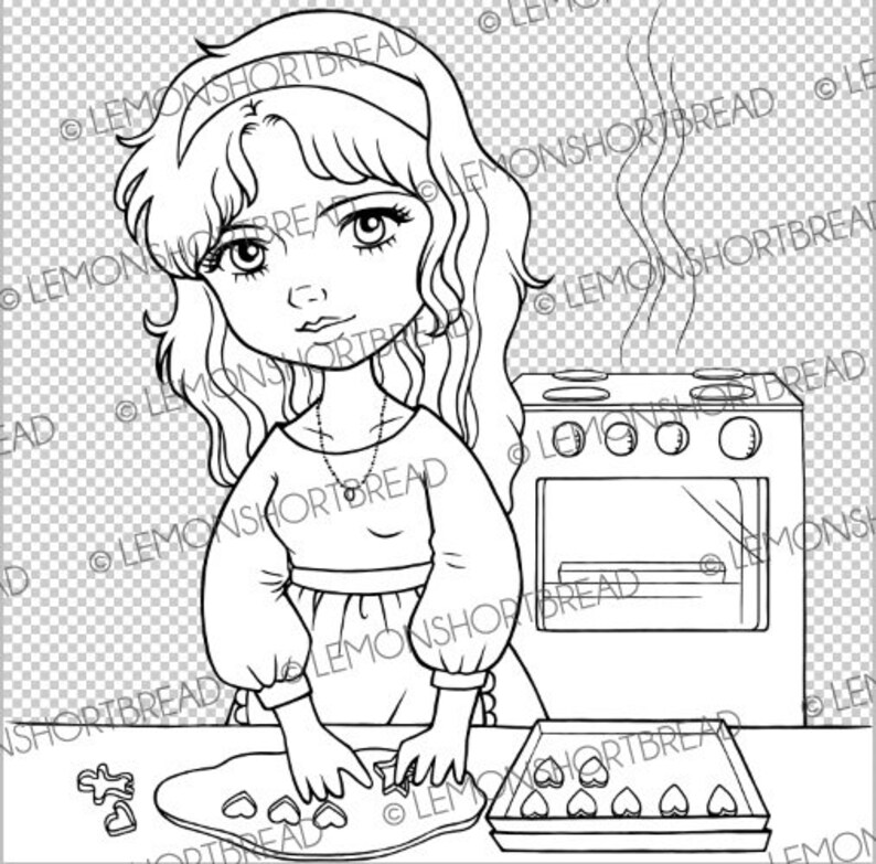May include: A black and white line drawing of a woman baking heart-shaped cookies. She is wearing a headband and a dress. The oven is behind her and there is a tray of cookies in front of her.