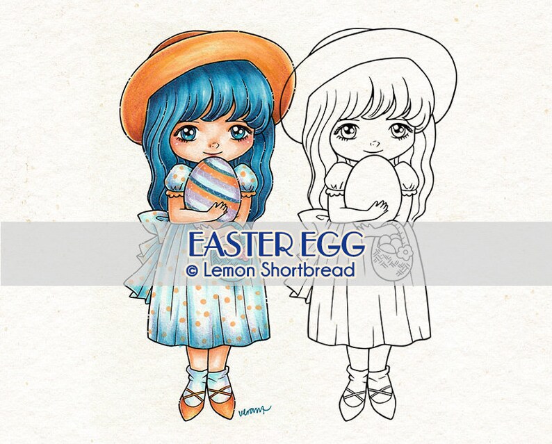 Easter Egg Digital Digi Stamp Download, Girl Basket Eggs, Coloring Page, Scrapbooking Clip Art Graphic, Children's Craft image 1