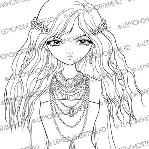 Digitale stempel Boho Girl, Digi Printable Kleurplaat, Fantasy Anime, etnische kettingen, Hippie Mystic Art
