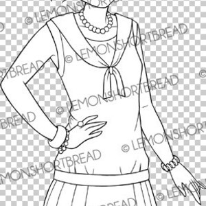 Digital Stamp Sassy Flapper Girl, Digi Coloring Page, Art Deco Vintage Summer Fashion, Anime Line Art Download image 2