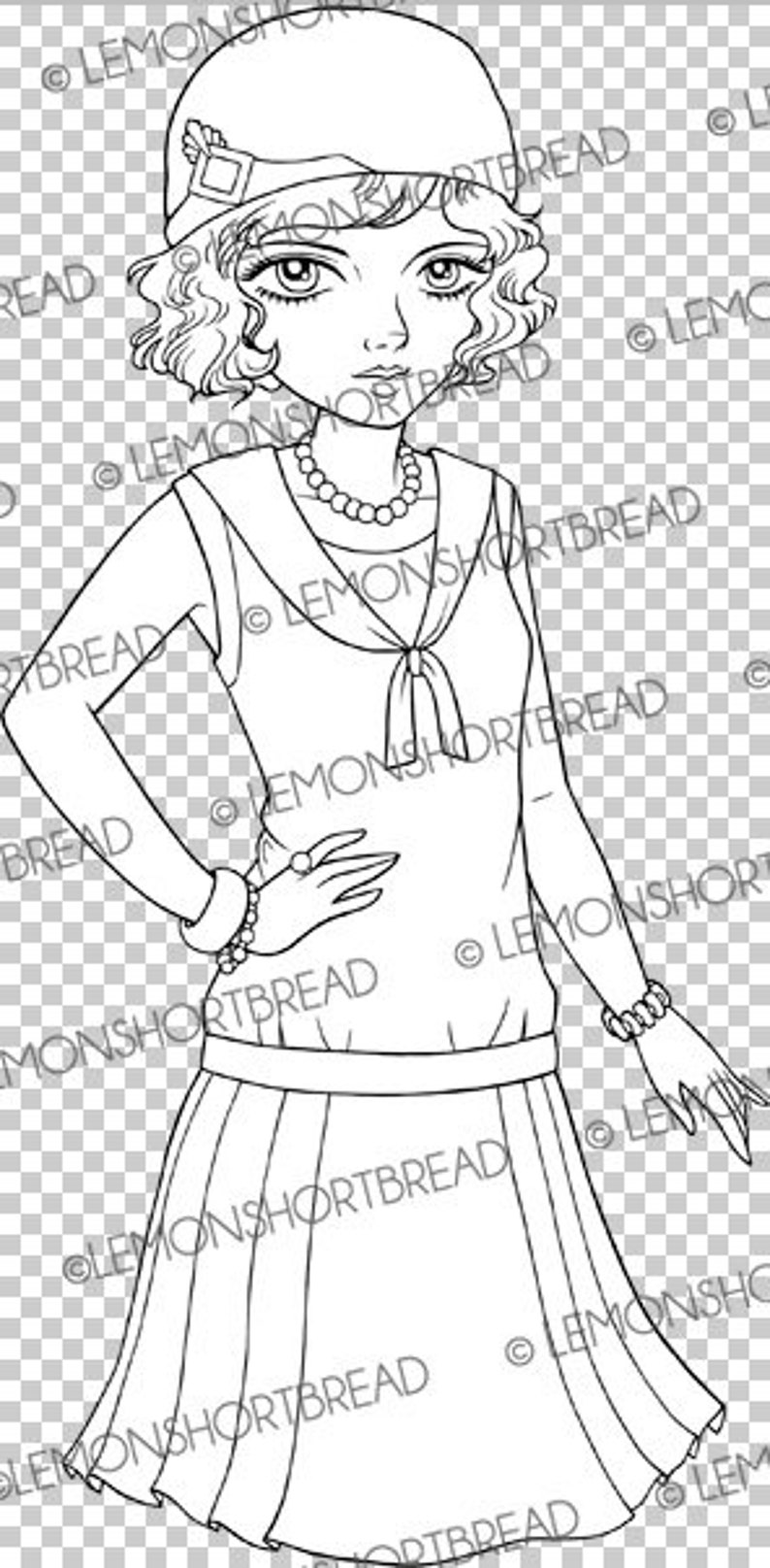 Digital Stamp Sassy Flapper Girl, Digi Coloring Page, Art Deco Vintage Summer Fashion, Anime Line Art Download image 2