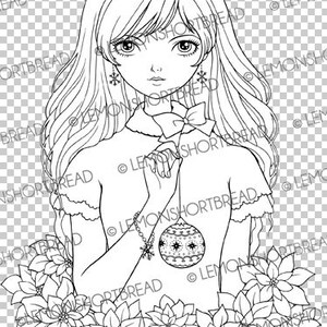 Puede incluir: Ilustraci&oacute;n en blanco y negro de una joven con cabello largo, vestida con un vestido y sosteniendo una bola de Navidad. La imagen est&aacute; rodeada de flores de pascua y pendientes de copo de nieve.