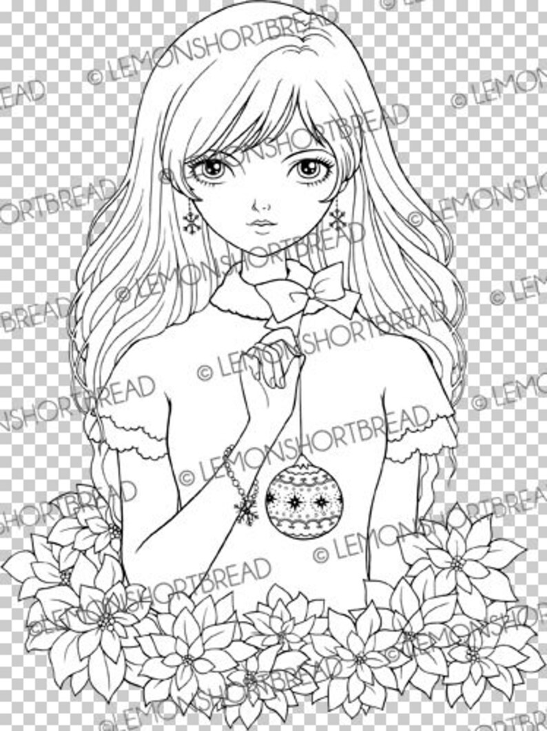 Puede incluir: Ilustraci&oacute;n en blanco y negro de una joven con cabello largo, vestida con un vestido y sosteniendo una bola de Navidad. La imagen est&aacute; rodeada de flores de pascua y pendientes de copo de nieve.