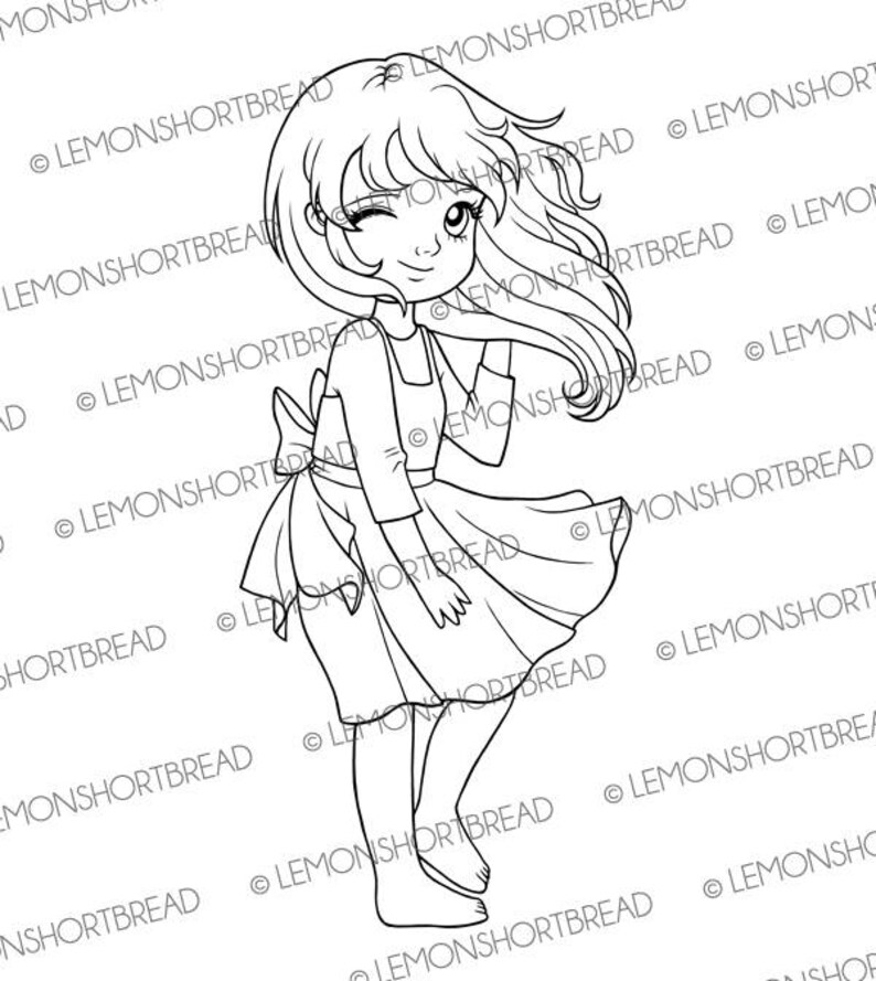 May include: A black and white line drawing of a girl with long hair, wearing a dress and a bow. She is smiling and looking to the side.
