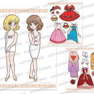 Puede incluir: Conjunto de mu&ntilde;ecas de papel con dos ni&ntilde;as que llevan vestidos blancos y diferentes atuendos para mezclar y combinar. Los atuendos incluyen un vestido rojo con una corona de flores, un vestido rosa con una cesta, un vestido azul con una cesta, un kimono morado con una flor, un vestido rojo con una flor y un vestido amarillo con una flor.