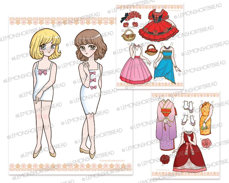 Puede incluir: Conjunto de mu&ntilde;ecas de papel con dos ni&ntilde;as que llevan vestidos blancos y diferentes atuendos para mezclar y combinar. Los atuendos incluyen un vestido rojo con una corona de flores, un vestido rosa con una cesta, un vestido azul con una cesta, un kimono morado con una flor, un vestido rojo con una flor y un vestido amarillo con una flor.