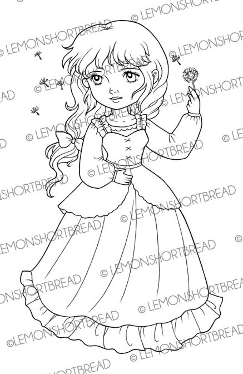 May include: A black and white line drawing of a young girl in a long dress with a ruffled hem. She is holding a dandelion in her hand and blowing on it. There are other dandelions in the background.