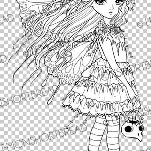 May include: A black and white line drawing of a fairy with long hair, wings, and a flower crown. She is wearing a dress with ruffles and holding a mask in her hand.