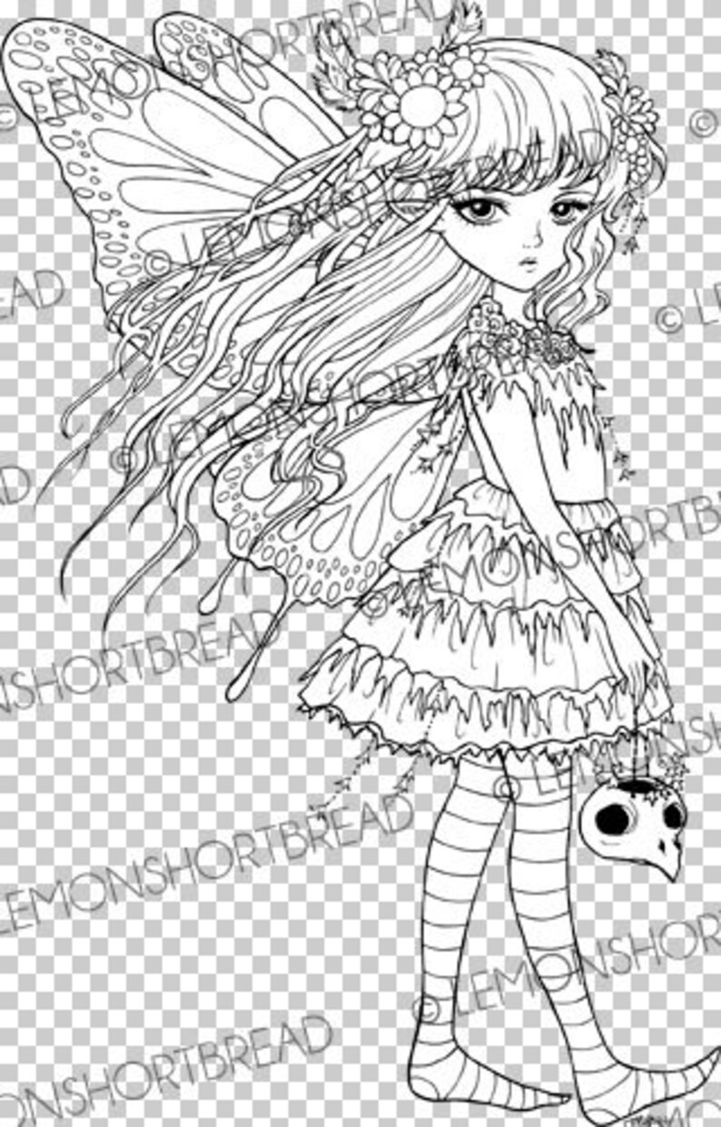 May include: A black and white line drawing of a fairy with long hair, wings, and a flower crown. She is wearing a dress with ruffles and holding a mask in her hand.
