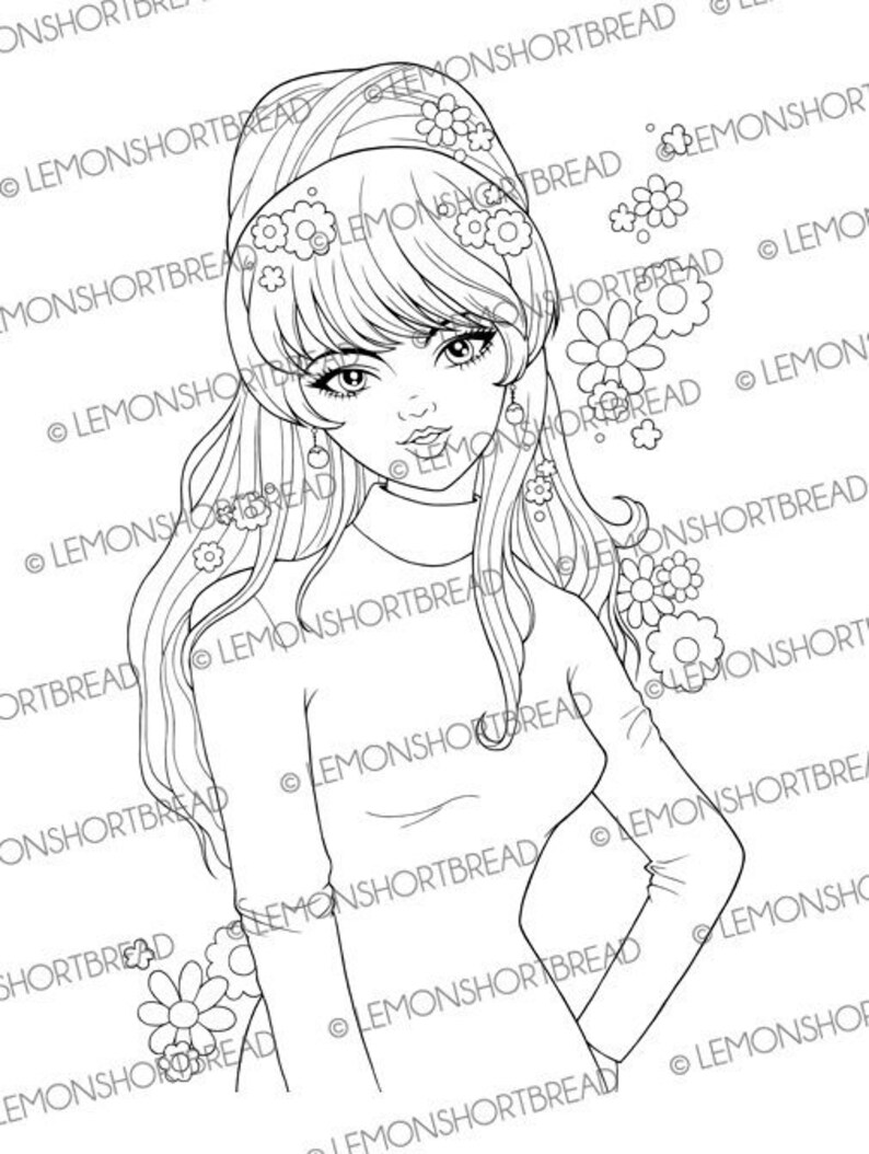 May include: A black and white line drawing of a woman with long hair wearing a headband and a turtleneck sweater. She is surrounded by flowers.