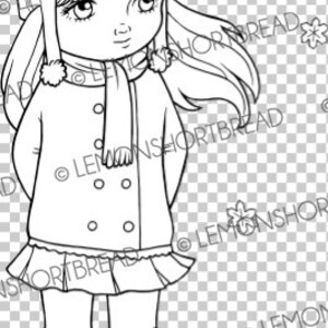 May include: A black and white line drawing of a girl wearing a winter coat, hat, and boots. She has long hair and is standing with her hands in her pockets.