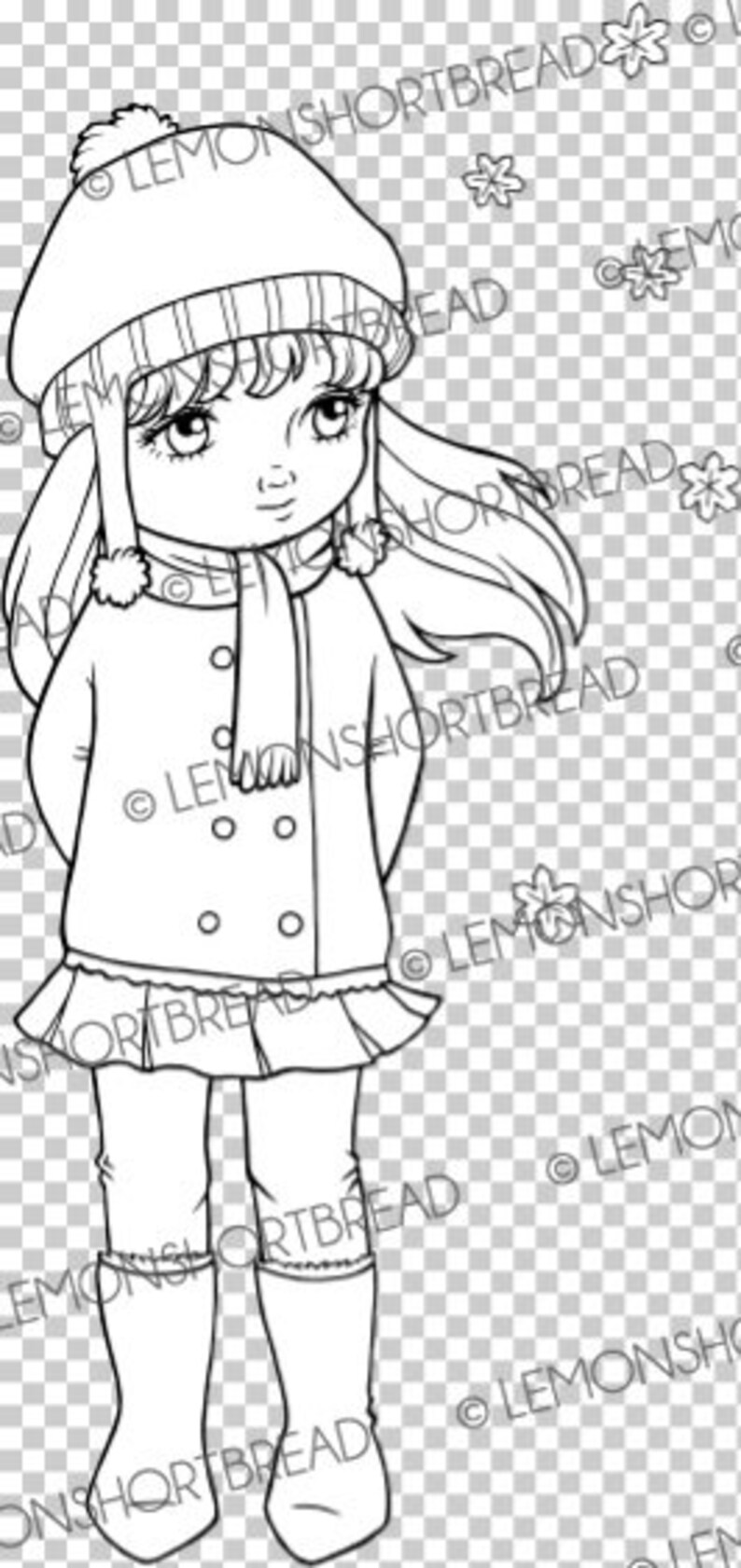 May include: A black and white line drawing of a girl wearing a winter coat, hat, and boots. She has long hair and is standing with her hands in her pockets.