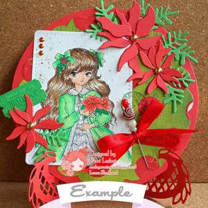 May include: A red and green Christmas card with a girl holding a poinsettia. The card is decorated with poinsettia flowers, holly, and a red ribbon. The text on the card reads "Under the Mistletoe".
