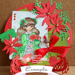 Digital Stamp Christmas Poinsettia Girl, Digi Printable Coloring Page, Winter Shoujo, Anime Art Download image 3