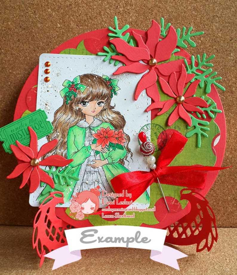 Digital Stamp Christmas Poinsettia Girl, Digi Printable Coloring Page, Winter Shoujo, Anime Art Download image 3