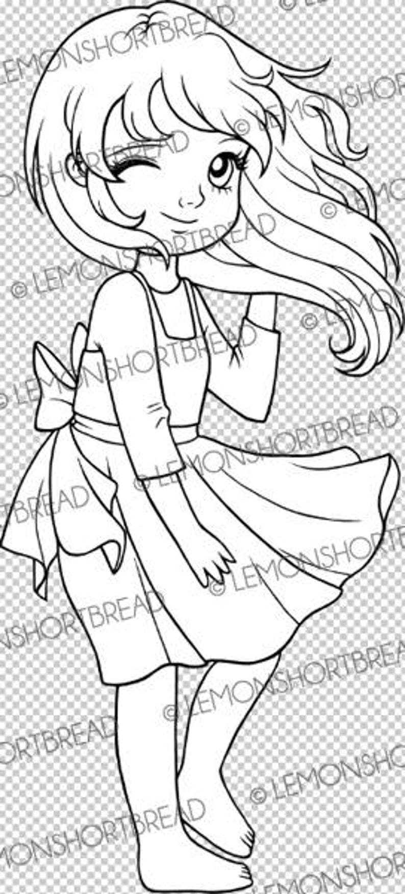 Digital Stamp Windy Days Girl, Digi Colouring Page, Spring Summer Autumn, Thinking of You, Children Kids, Scrapbooking Image image 3