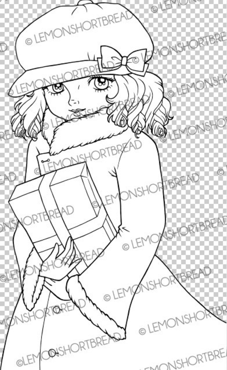 May include: A black and white line drawing of a girl wearing a hat and coat, holding a wrapped gift box. The girl has a bow in her hair and a sweet expression on her face.