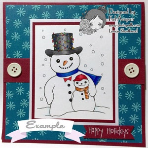 May include: A Christmas card featuring a snowman with a blue scarf and a smaller snowman with an orange scarf. The card has a red and teal background with a white banner that says "Example" and a white banner that says "Happy Holidays".