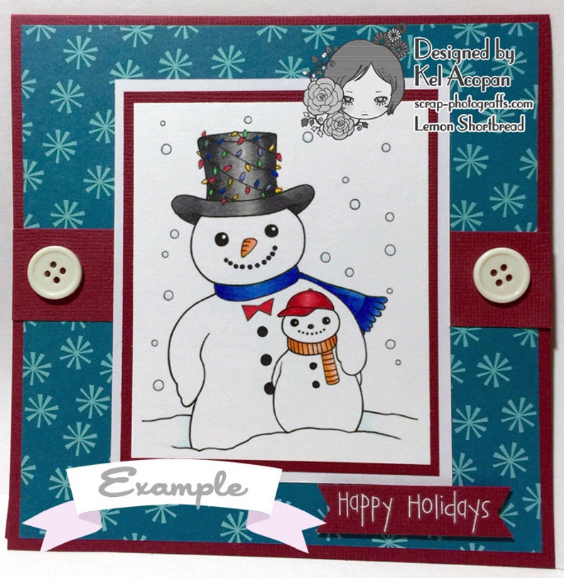 May include: A Christmas card featuring a snowman with a blue scarf and a smaller snowman with an orange scarf. The card has a red and teal background with a white banner that says "Example" and a white banner that says "Happy Holidays".