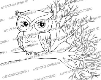 Digital Stamp Owl on Branch, Digi Autumn Fall Coloring Page, Forest Bird Tree, Clip Art Image, Download