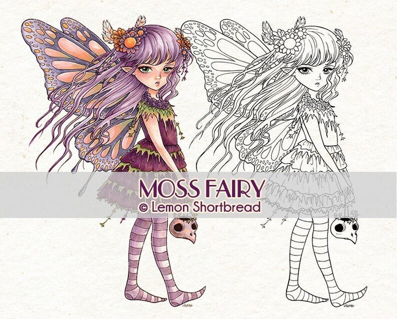 May include: A line drawing and a coloured illustration of a fairy with purple hair, butterfly wings, and a skull in her hand. The text "Moss Fairy &copy; Lemon Shortbread" is below the image.