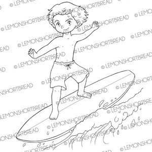 May include: A black and white line drawing of a cartoon boy surfing on a wave. The boy is wearing shorts and has short, wavy hair.