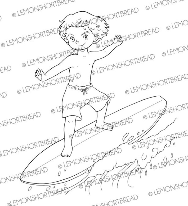 May include: A black and white line drawing of a cartoon boy surfing on a wave. The boy is wearing shorts and has short, wavy hair.