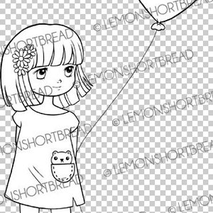 May include: A black and white line drawing of a girl holding a heart-shaped balloon. She is wearing a dress with a pocket that has a bear on it. She is also wearing boots.