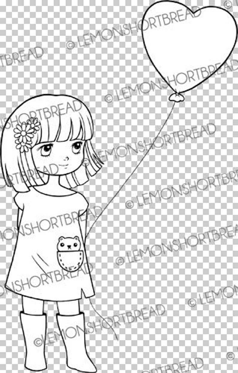 May include: A black and white line drawing of a girl holding a heart-shaped balloon. She is wearing a dress with a pocket that has a bear on it. She is also wearing boots.