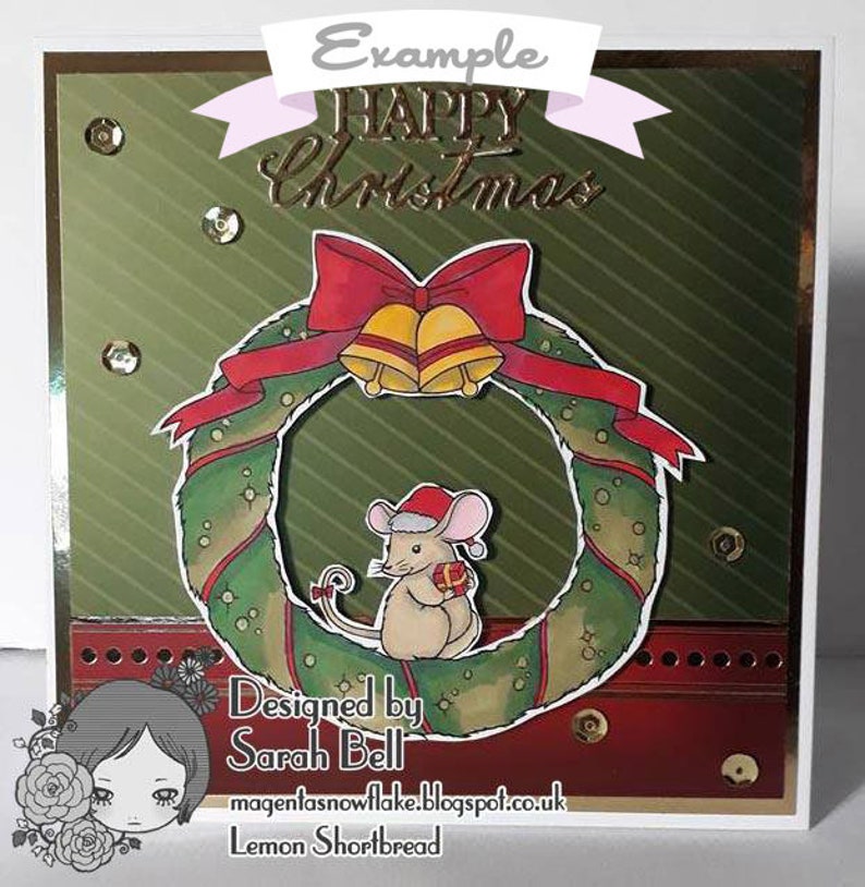 Digital Stamp Christmas Wreath Mouse, Digi Coloring Page, Holly Holiday Craft, Merry Xmas, Clip Art Crafting Download image 5