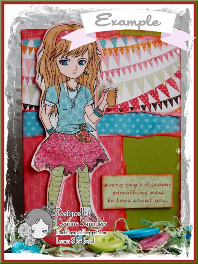 May include: A colorful card with a cartoon girl holding a drink. The card has a pink, green, and blue background with a message that says "every day I discover something new to love about you".