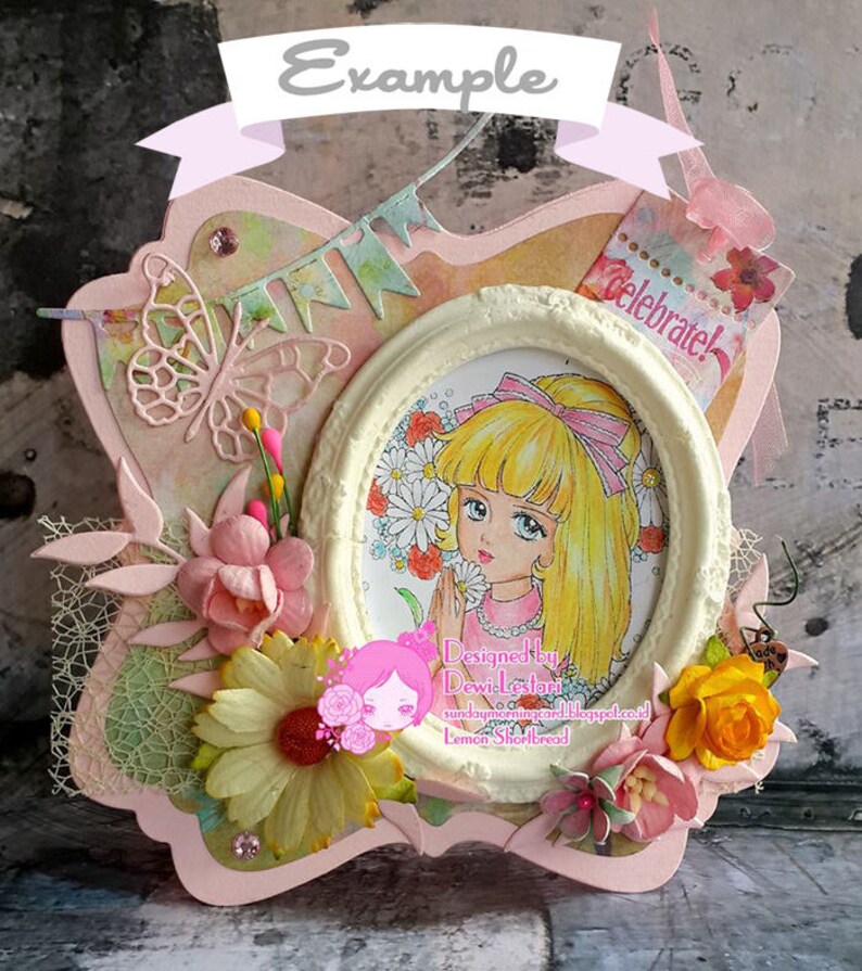 May include: A pink and white card with a white oval frame featuring a cartoon girl with blonde hair and a pink bow. The card is decorated with flowers, butterflies, and a banner that says "Celebrate!"