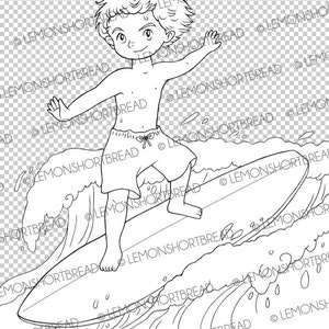May include: A black and white line drawing of a boy surfing on a wave. The boy is wearing shorts and has his arms outstretched. The wave is crashing behind him.