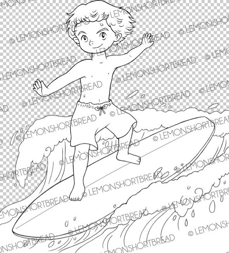 Digital Stamp Surfing Guy, Surfer Boy, Digi Download, Beach Summer Sports, Image Line Art, Coloring Page image 3