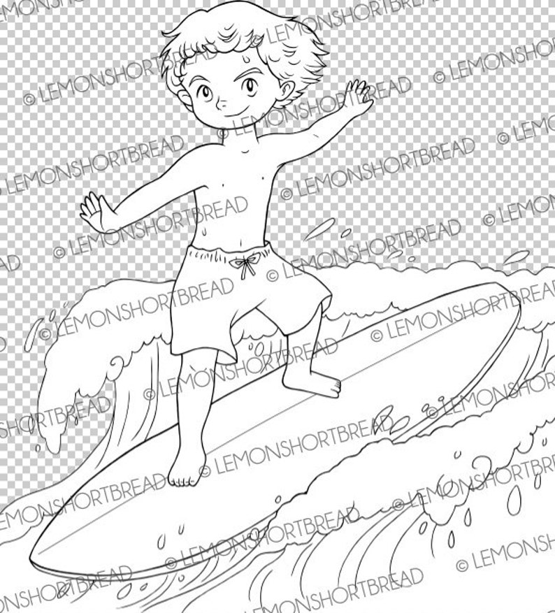May include: A black and white line drawing of a boy surfing on a wave. The boy is wearing shorts and has his arms outstretched. The wave is crashing behind him.
